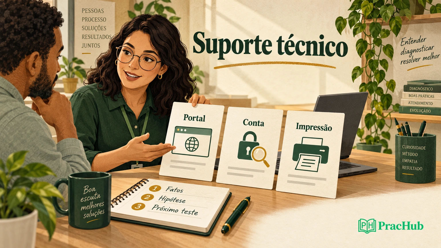 Profissional de suporte transforma três chamados de acesso, conta e impressão em evidências e próximos testes
