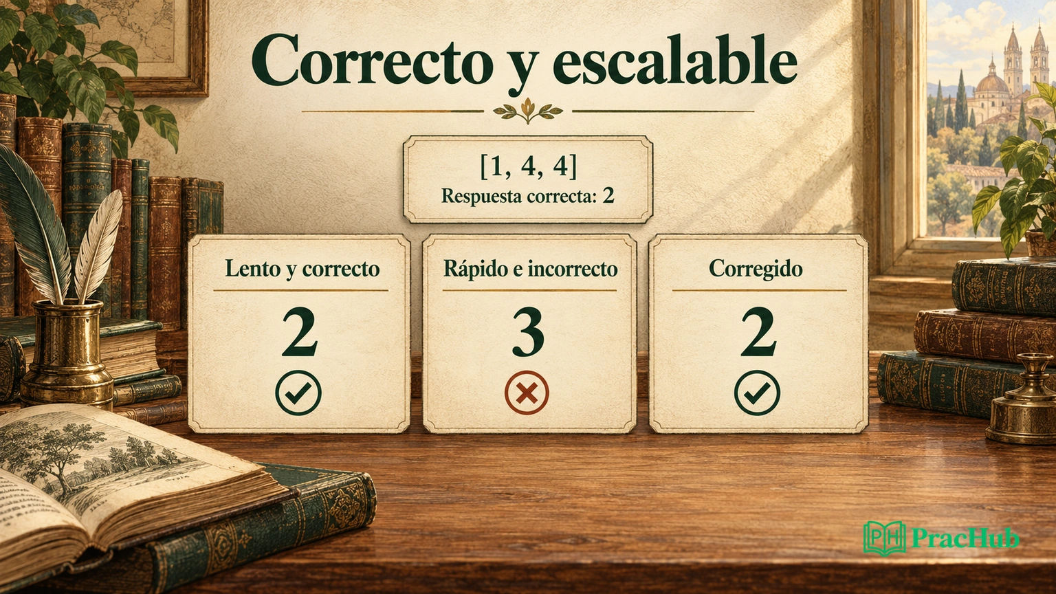 Tres implementaciones del mismo caso: lenta correcta, rápida incorrecta y corregida