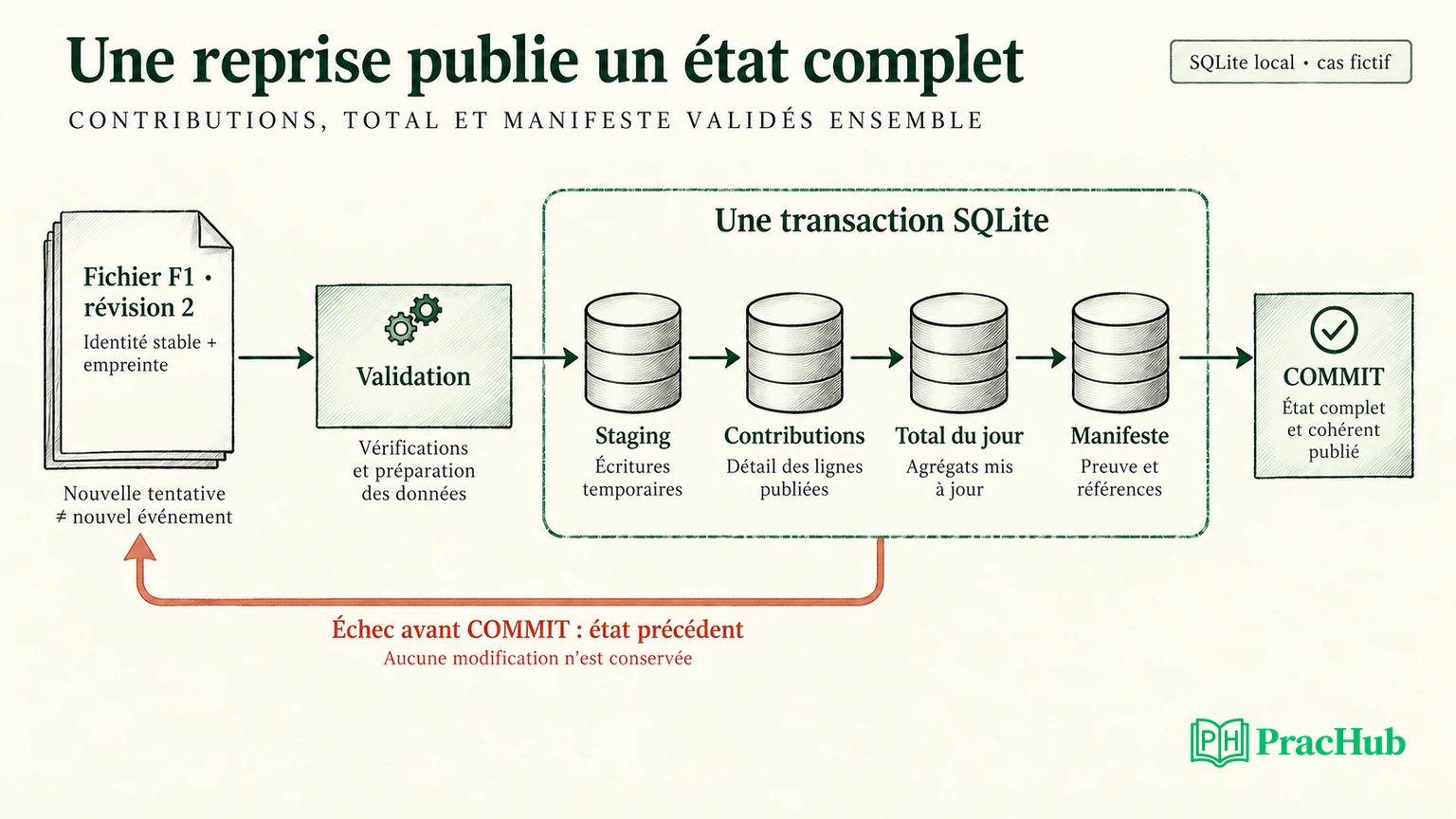 Staging, contributions, total et manifeste dans une transaction SQLite avant publication