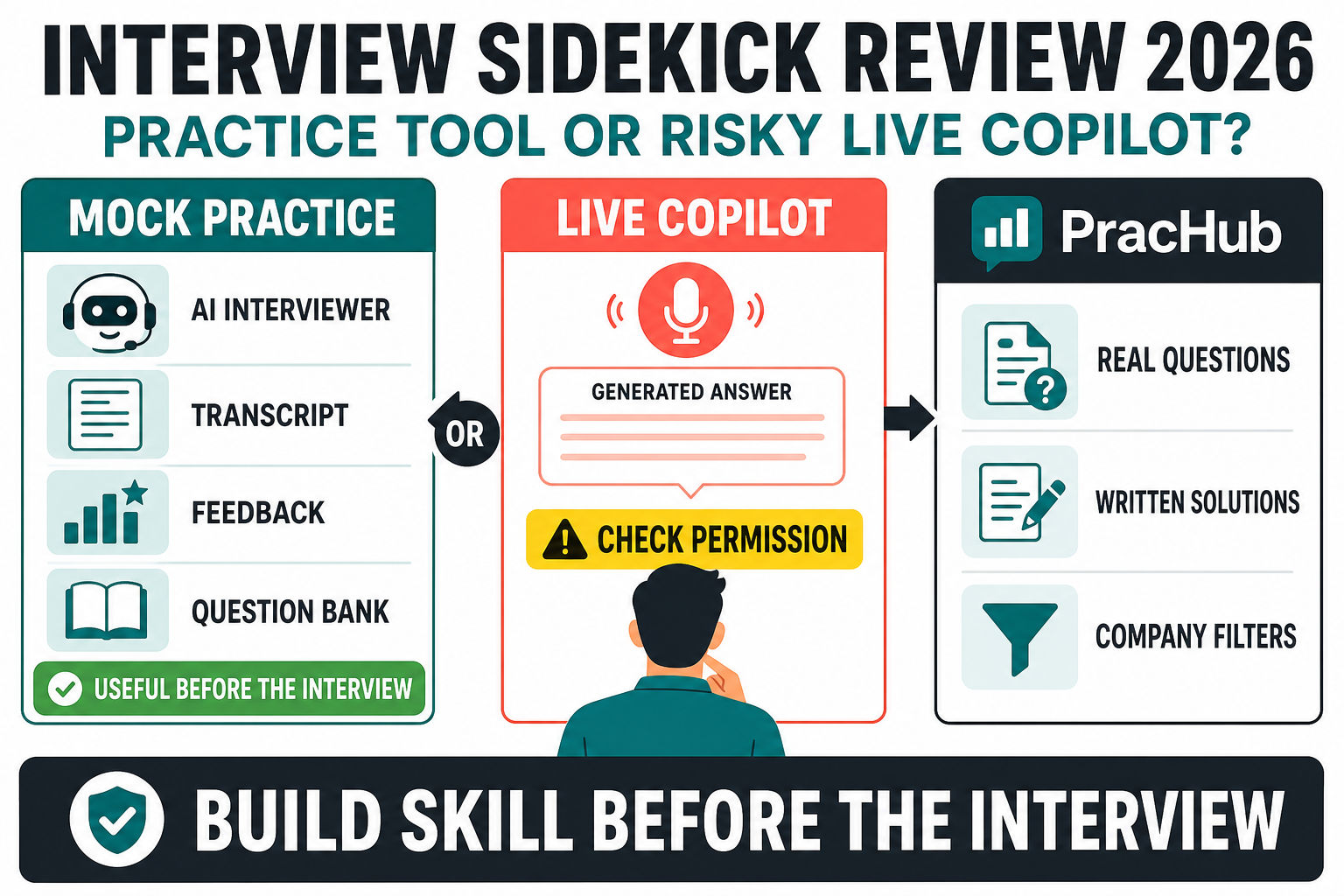Interview Sidekick review comparing mock practice, live copilot risk, and PracHub