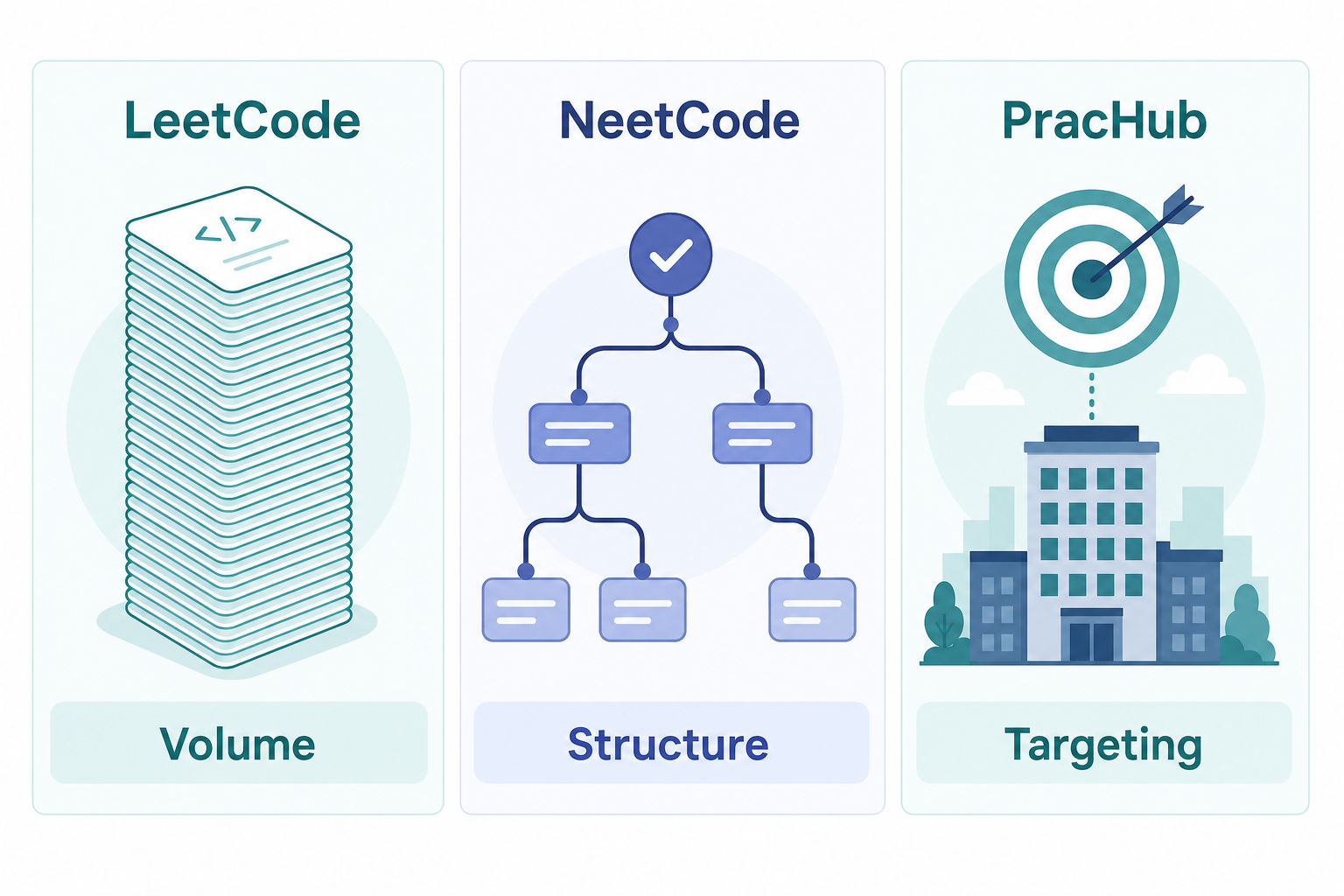 Flat-vector comparison diagram of LeetCode, NeetCode, and PracHub showing volume vs. structure vs. company-specific targeting
