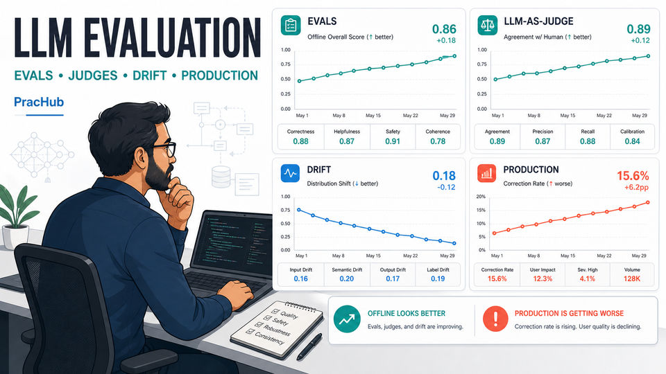 LLM evaluation interview questions covering evals LLM as judge drift and production quality