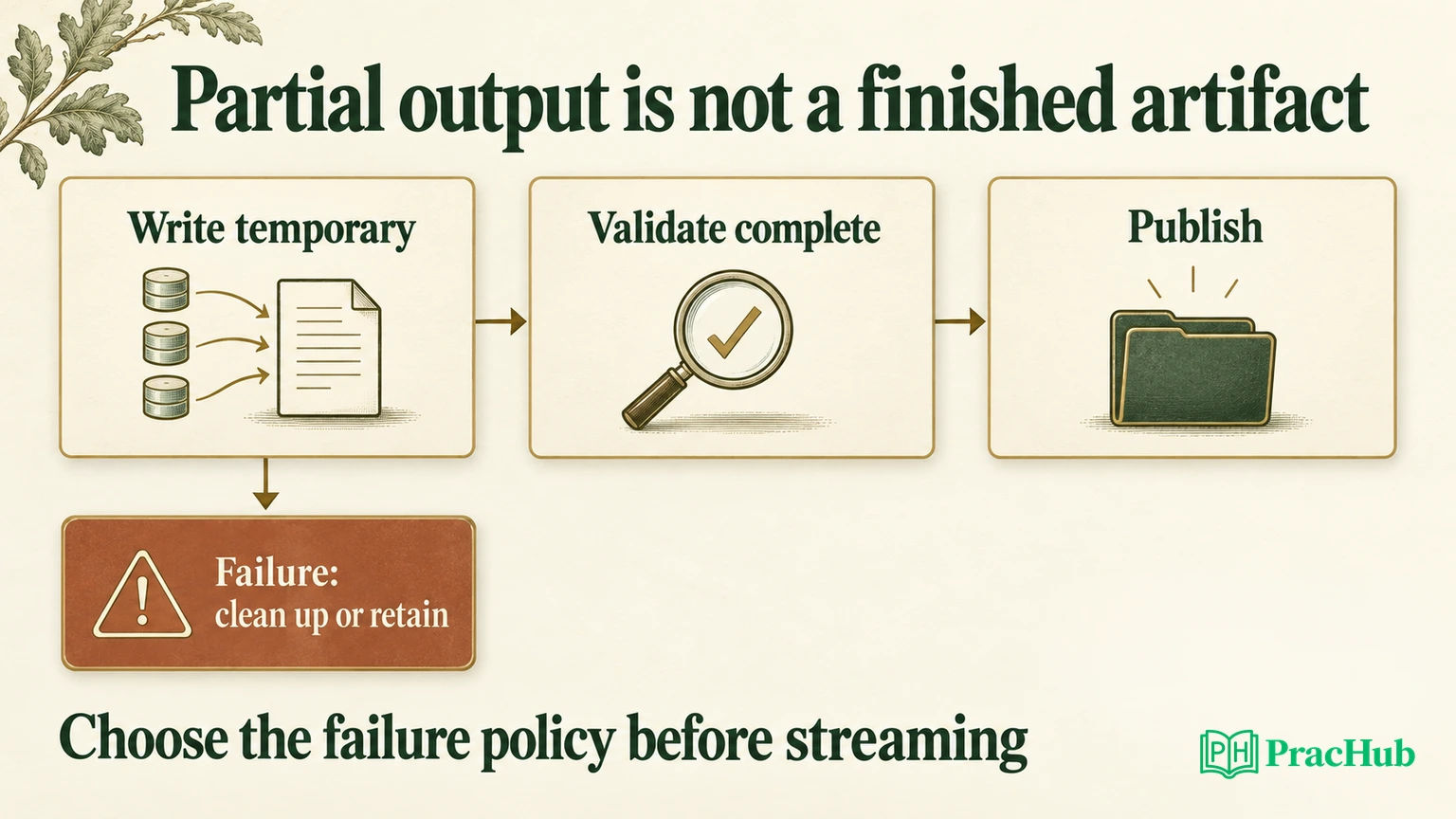 Stream output should remain temporary until the complete result passes validation and publication succeeds