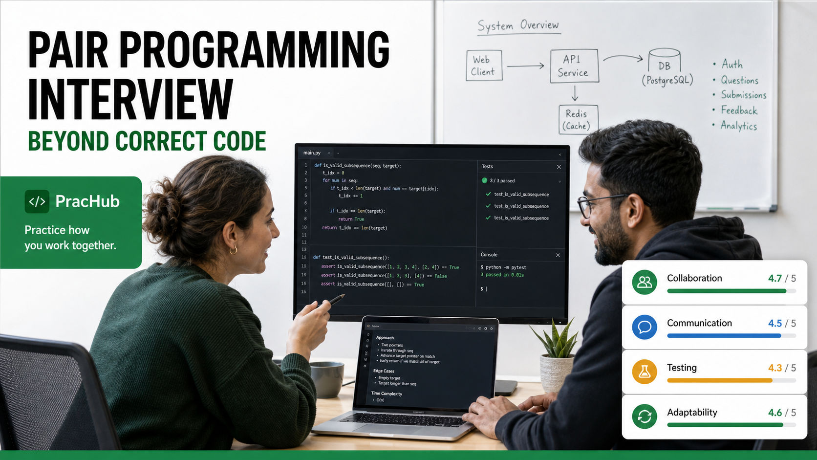 Pair programming interview guide showing collaboration communication testing and adaptability