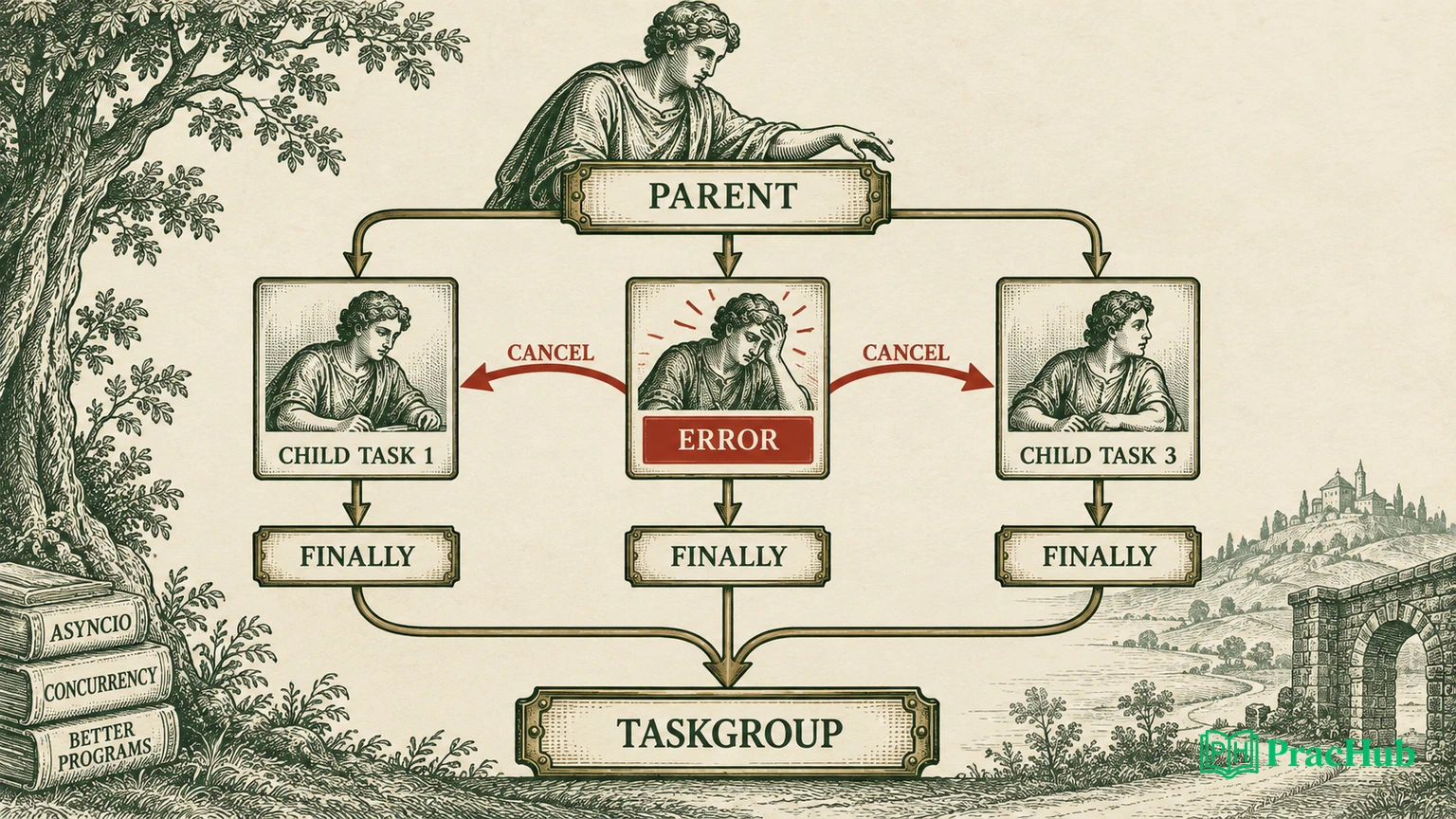 Python asyncio cover showing parent task, child tasks, cancellation, and timeout