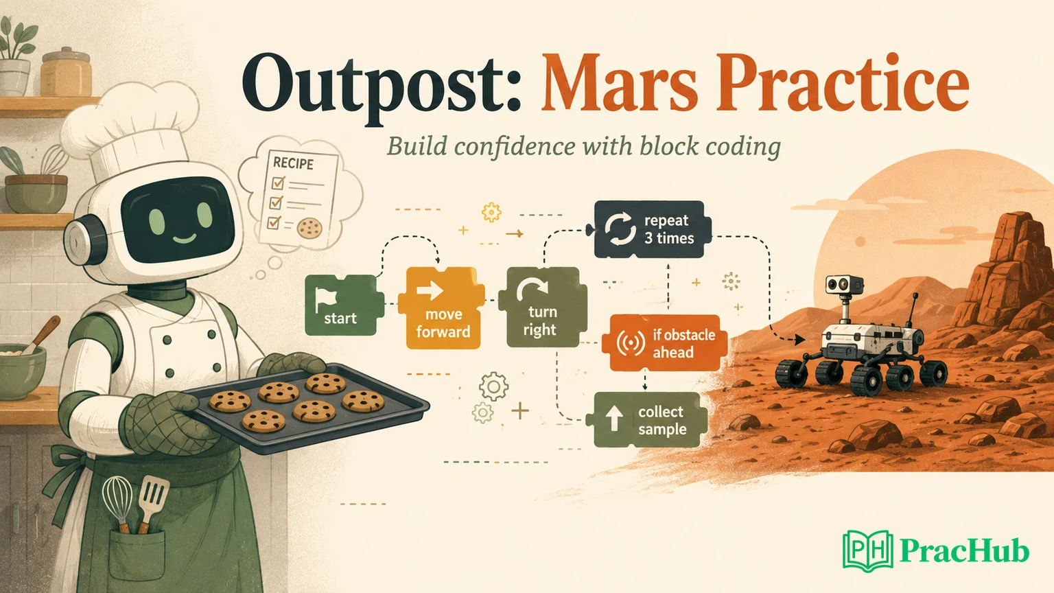 Original illustration connecting a robot chef and visual code blocks with preparation for a Mars-themed programming task.