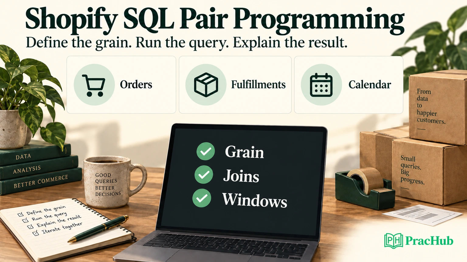 Shopify SQL pair programming preparation connects orders, fulfillments, and a calendar