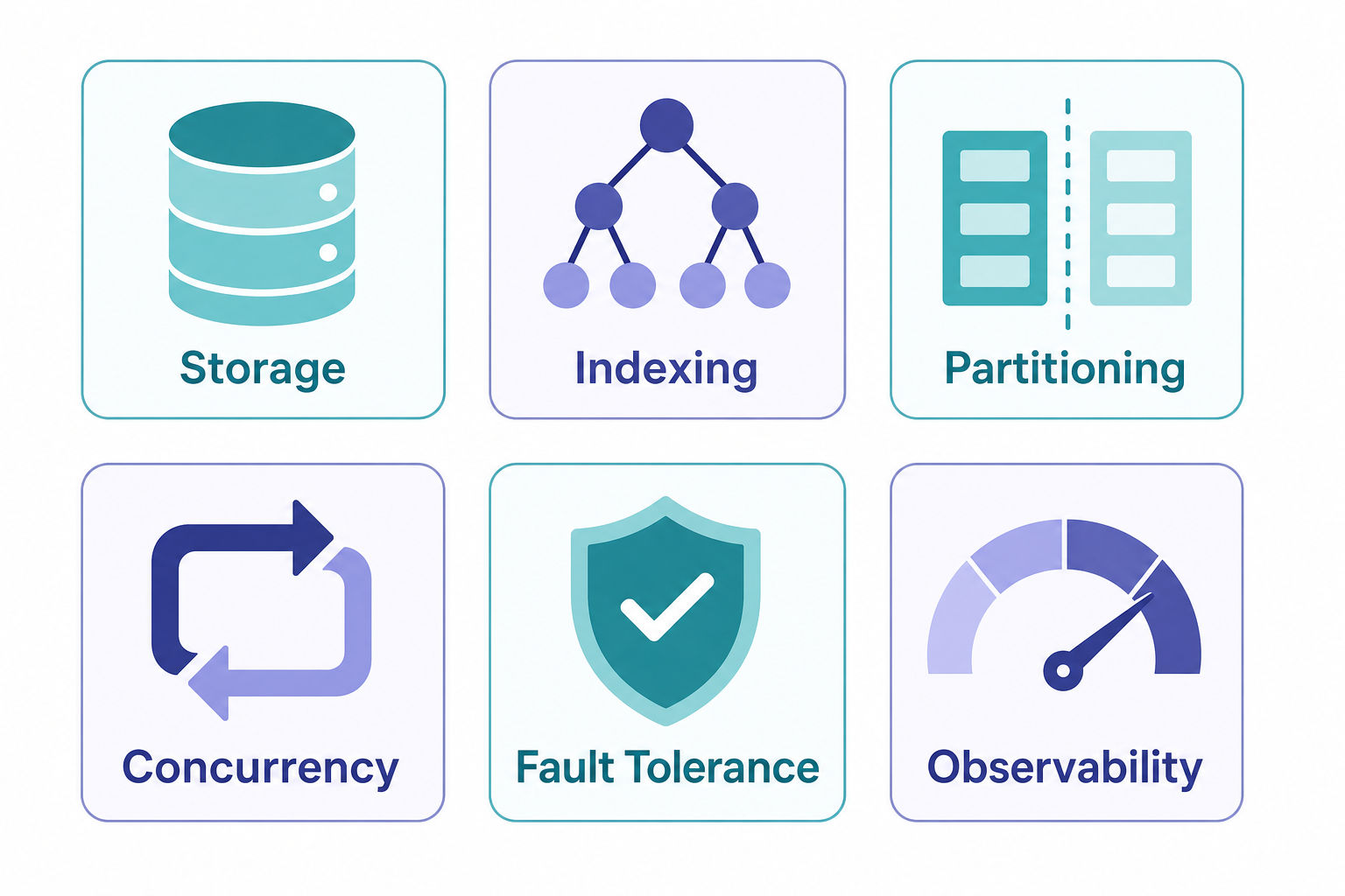 Flat-vector diagram of system design building blocks for a database-flavored interview: storage, indexing, partitioning, concurrency, fault tolerance, observability