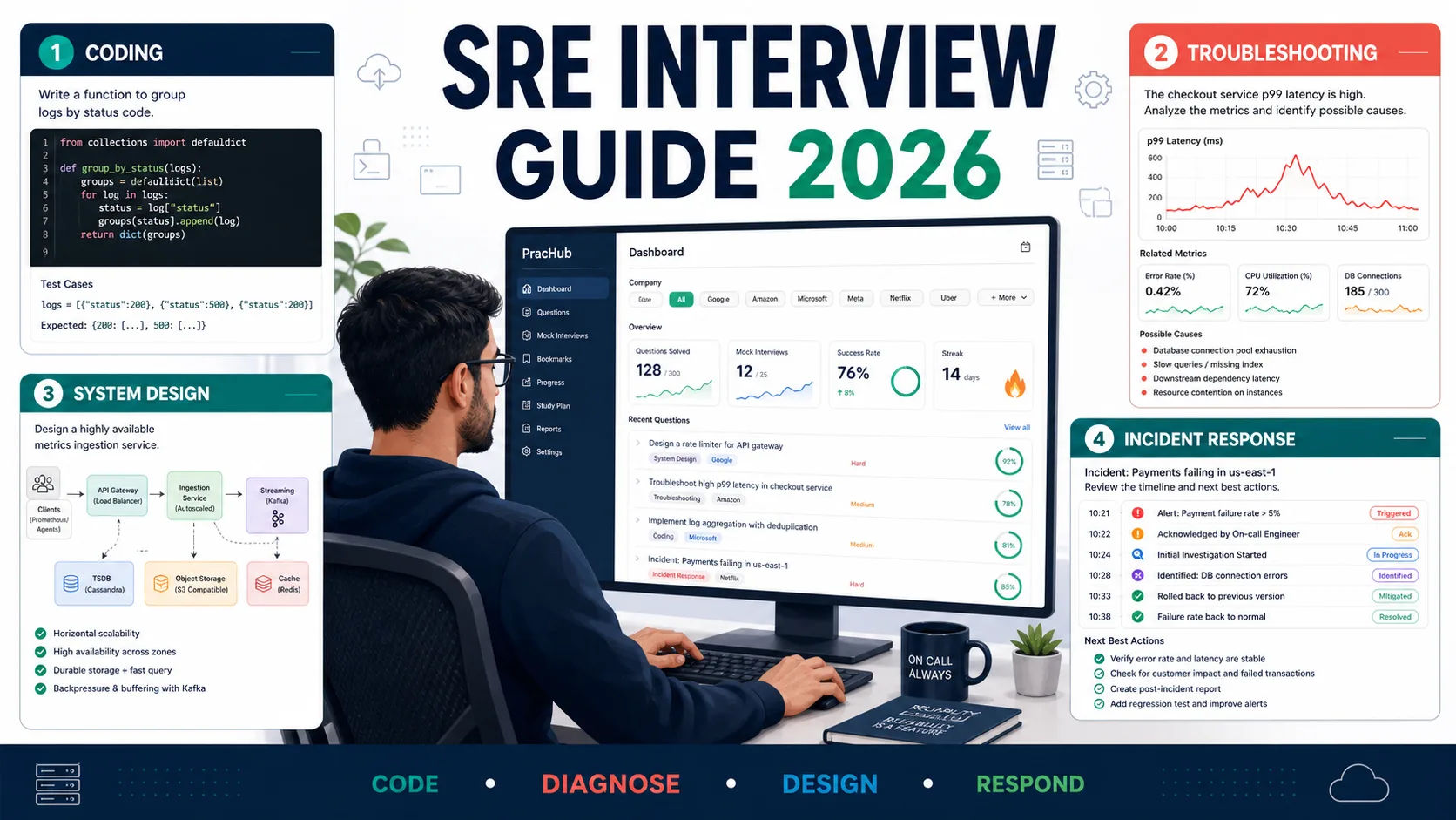 SRE interview guide 2026 coding troubleshooting system design and incidents
