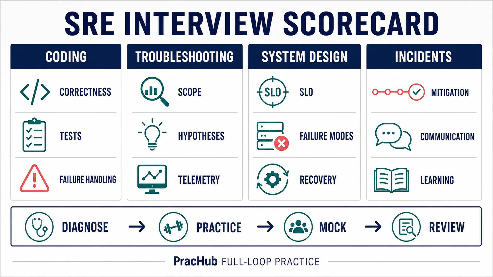 SRE interview preparation scorecard for four interview dimensions