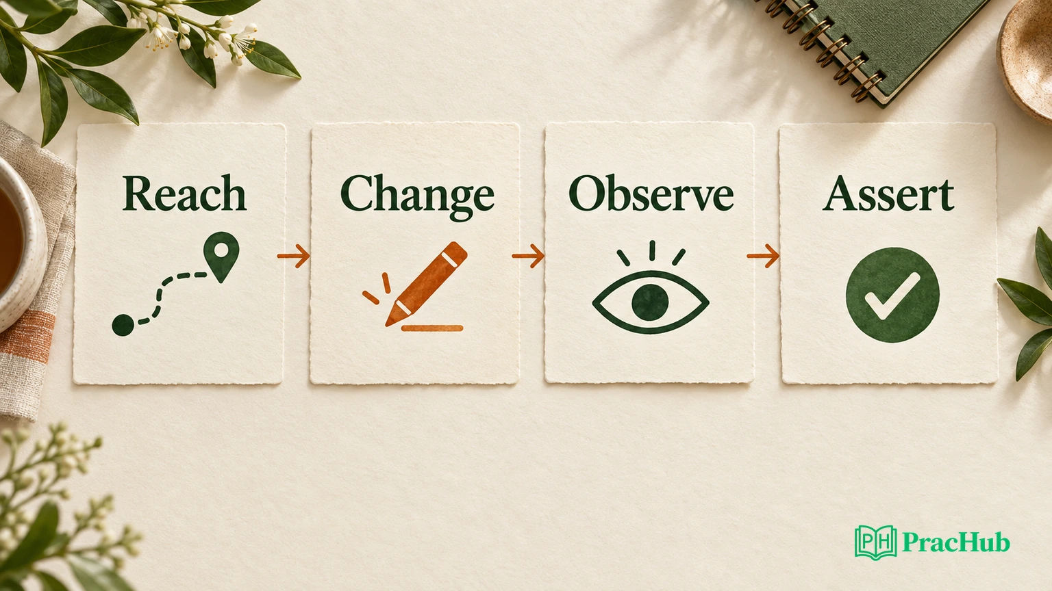 Four connected steps: Reach, Change, Observe, Assert