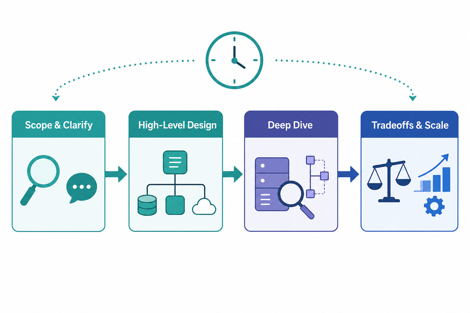 Flat-vector flowchart of a system design interview as four sequential stages