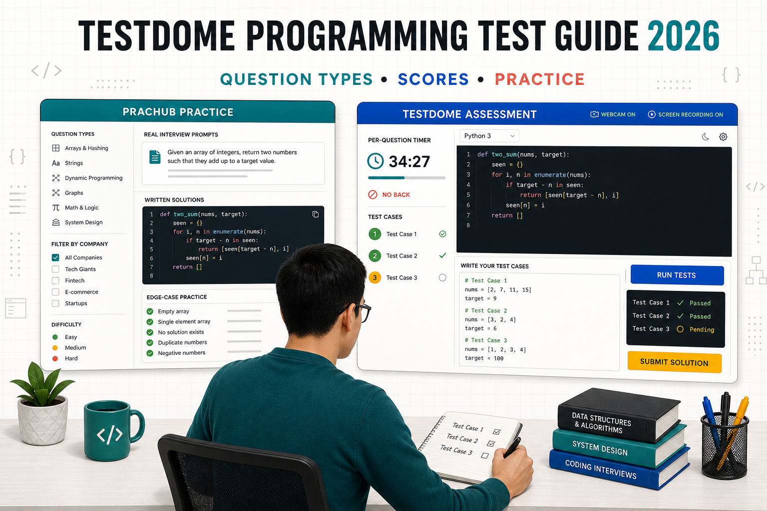 TestDome programming test guide showing PracHub practice and a timed coding assessment