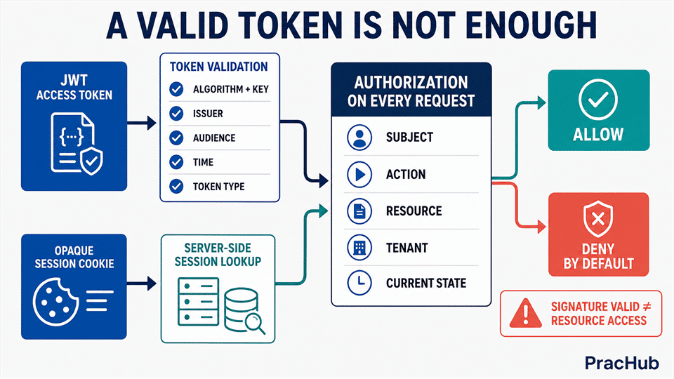 JWT and session validation workflow ending in object level authorization and deny by default