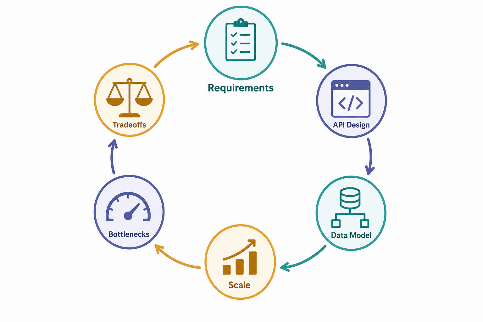 System design interview framework as an ordered loop from requirements to tradeoffs