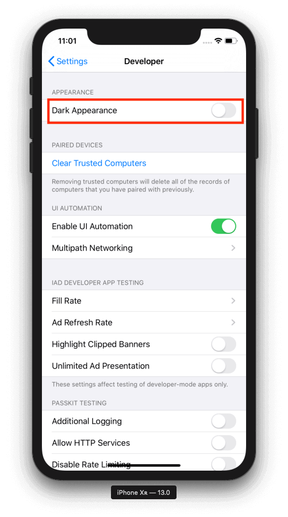 settings-developer-page-ios13-simulator