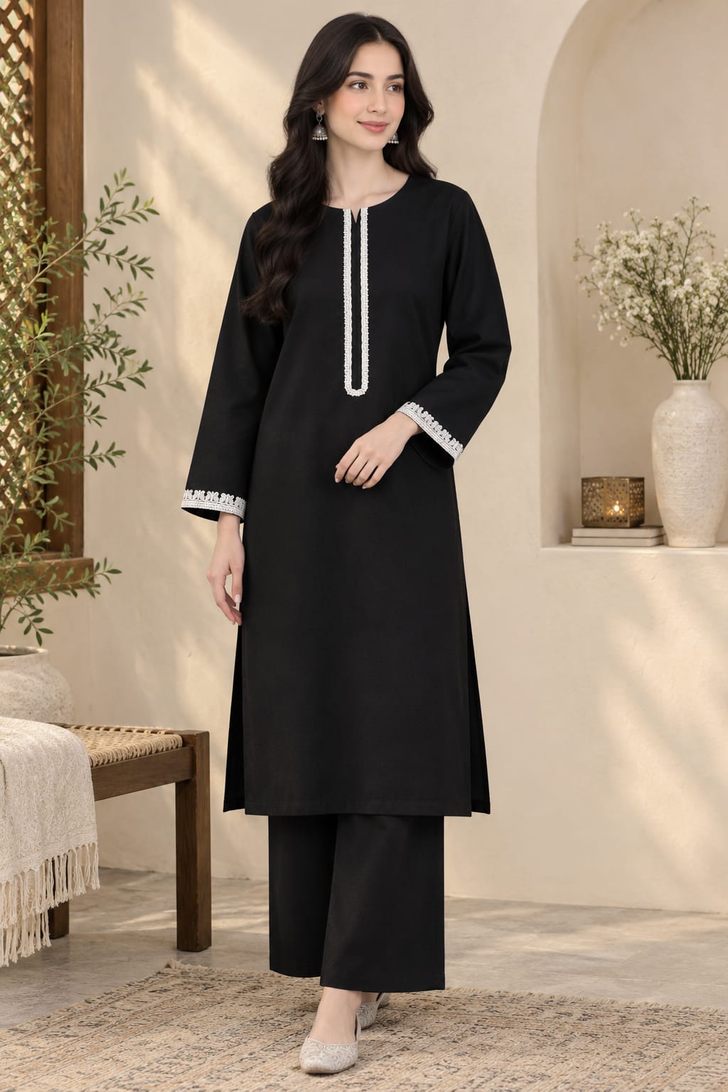 Micro Winter Suit with White Neckline Lace unstitched 2-piece suit