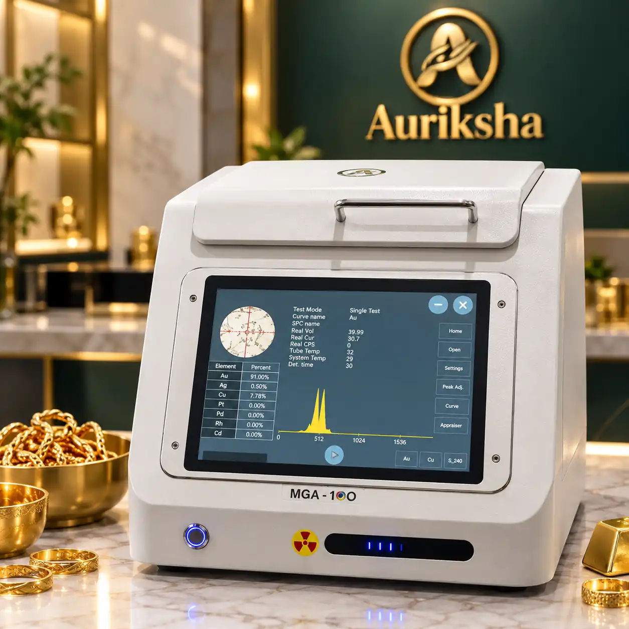 XRF spectrometer at Auriksha City Centre Durgapur showing a 91.6% gold purity reading during non-destructive testing