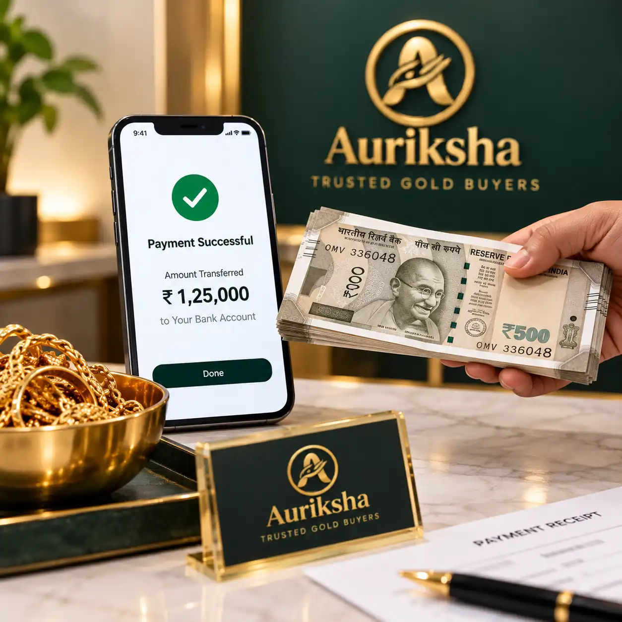 Instant gold payment confirmation and transparent bank transfer payout receipt at Auriksha Durgapur