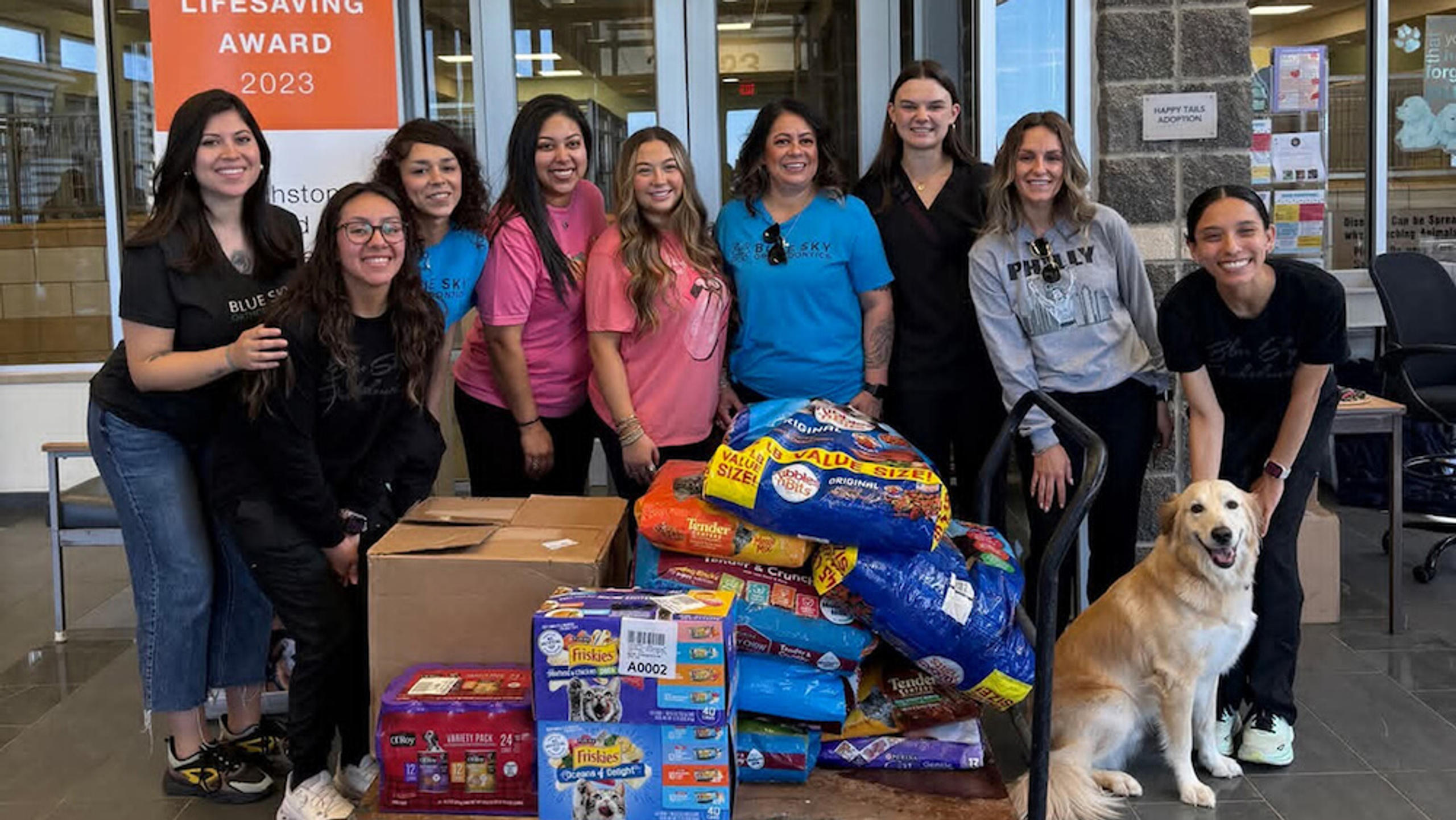staff members volunteering at pet shelter, dog and pet food