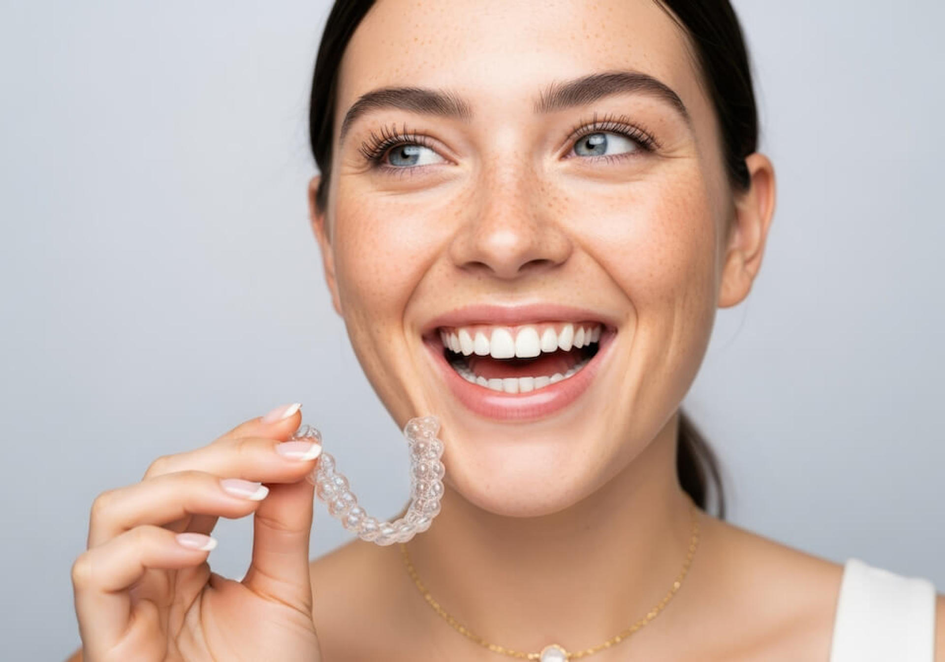 smiling woman holding clear aligners