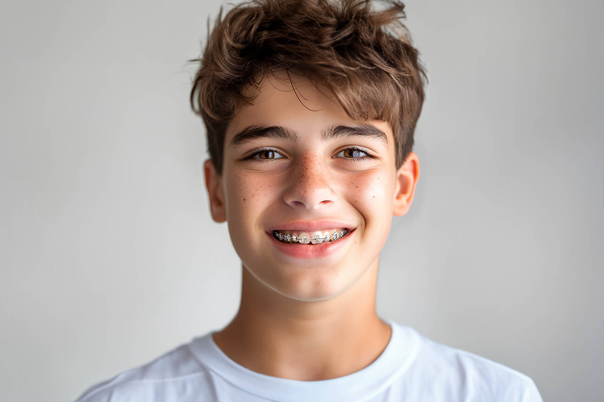 A smiling boy teenager with braces mouth, close up, space for text.