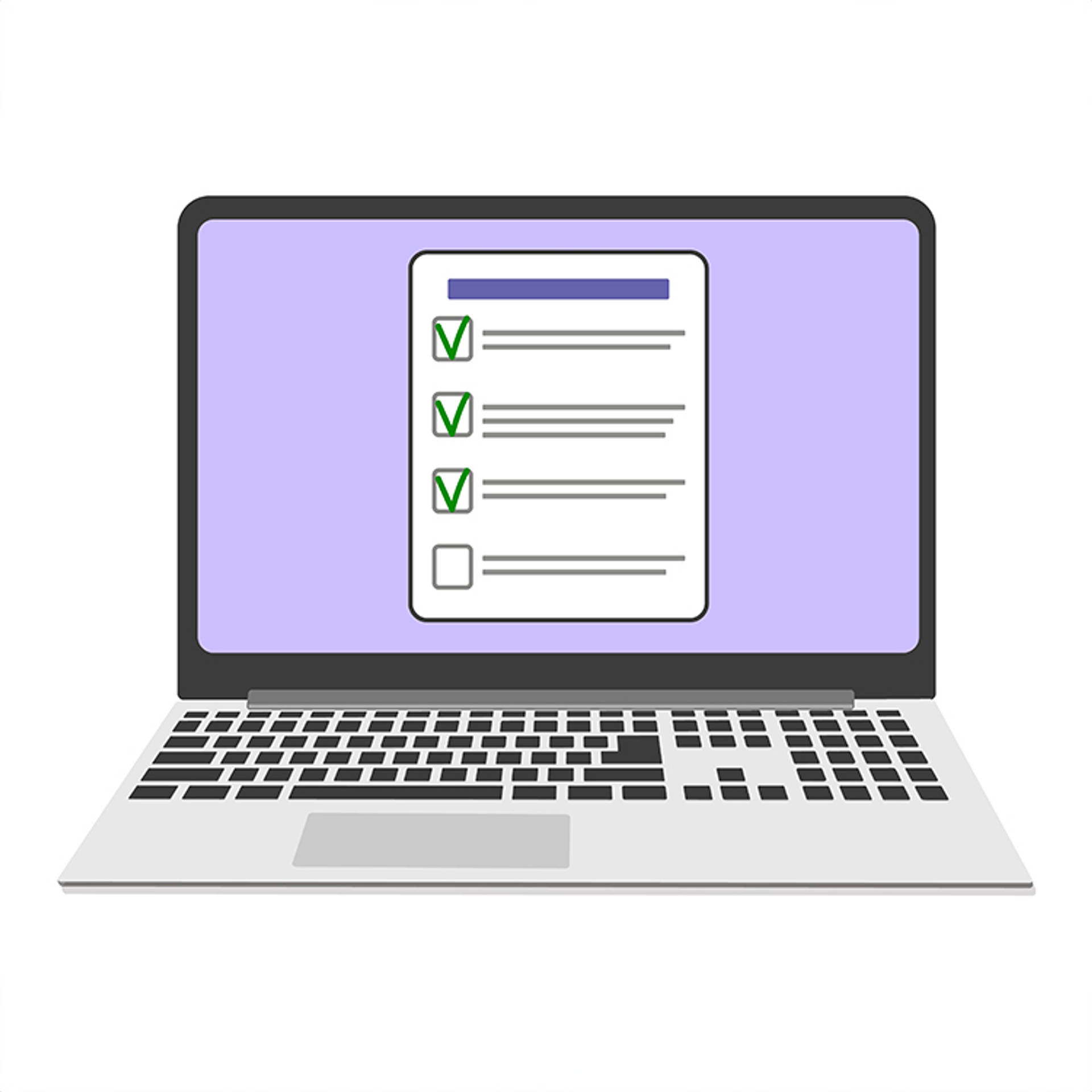 Online surveys form Online exam on screen laptop. Vector flat illustration.
