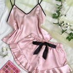 Women’s Smooth Satin Pajamas V-Neck T-Shirt Ruffled Edges And Bow Shorts Simple And Breathable Pajama Set Sling Home Clothing