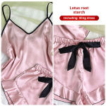 Women’s Smooth Satin Pajamas V-Neck T-Shirt Ruffled Edges And Bow Shorts Simple And Breathable Pajama Set Sling Home Clothing