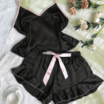 Women’s Smooth Satin Pajamas V-Neck T-Shirt Ruffled Edges And Bow Shorts Simple And Breathable Pajama Set Sling Home Clothing