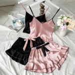 Women’s Smooth Satin Pajamas V-Neck T-Shirt Ruffled Edges And Bow Shorts Simple And Breathable Pajama Set Sling Home Clothing
