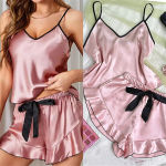 Women’s Smooth Satin Pajamas V-Neck T-Shirt Ruffled Edges And Bow Shorts Simple And Breathable Pajama Set Sling Home Clothing