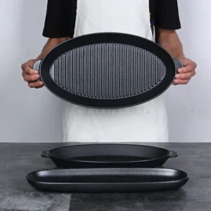 BBQ Party Dinnerware Set Porcelain Rolling Tray with Handle Oval Food Plate Featuring Plant Pattern