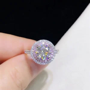S925 Silver Rhodium Plated 2ct D VVS Round Cut Moissanite Diamond Women Engagement Wedding Ring