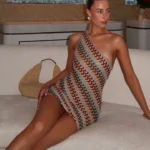 Summer Holiday Beach Robes Women Chic Backless Slanted Shoulder Slim Fit Dresses  Irregular Printed Knitted Mini Dress