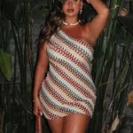 Summer Holiday Beach Robes Women Chic Backless Slanted Shoulder Slim Fit Dresses  Irregular Printed Knitted Mini Dress