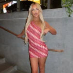 Summer Holiday Beach Robes Women Chic Backless Slanted Shoulder Slim Fit Dresses  Irregular Printed Knitted Mini Dress