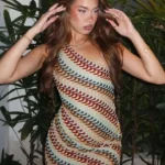 Summer Holiday Beach Robes Women Chic Backless Slanted Shoulder Slim Fit Dresses  Irregular Printed Knitted Mini Dress