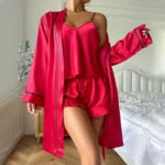 Women’s Loungewear Sleepwear V Neck Slip Dress Long Sleeve Night Robe House Robe With Belt Solid Satin Pajama Set