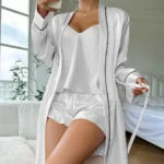Women’s Loungewear Sleepwear V Neck Slip Dress Long Sleeve Night Robe House Robe With Belt Solid Satin Pajama Set