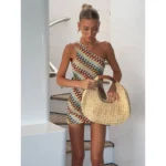 Summer Holiday Beach Robes Women Chic Backless Slanted Shoulder Slim Fit Dresses  Irregular Printed Knitted Mini Dress