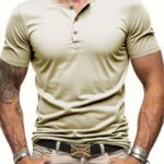 Men’s Short Sleeve Henley Neck T-shirt Solid Color Male Tops Slim Fit Button Neck Casual Cozy Tshirt  Streetwear