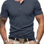 Men’s Short Sleeve Henley Neck T-shirt Solid Color Male Tops Slim Fit Button Neck Casual Cozy Tshirt  Streetwear