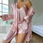 Women’s Ice Silk Sleepwear Three-Piece Set Comfortable Summer Outfit Home Clothes Strap Shorts Robe Outerwear Compatible