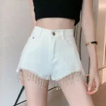 Short Pants for Woman To Wear Sequin Skinny Fringe Tight Mini Sexy Cotton Booty Women’s Shorts Black with Rhinestones Design XL