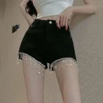 Short Pants for Woman To Wear Sequin Skinny Fringe Tight Mini Sexy Cotton Booty Women’s Shorts Black with Rhinestones Design XL
