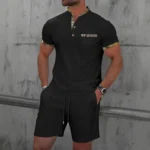 Men Europe and the United States new summer Waffle solid color zip-up lapel short-sleeve suit shorts two sets