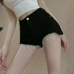 Short Pants for Woman To Wear Sequin Skinny Fringe Tight Mini Sexy Cotton Booty Women’s Shorts Black with Rhinestones Design XL