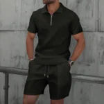 Men Europe and the United States new summer Waffle solid color zip-up lapel short-sleeve suit shorts two sets