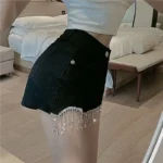 Short Pants for Woman To Wear Sequin Skinny Fringe Tight Mini Sexy Cotton Booty Women’s Shorts Black with Rhinestones Design XL